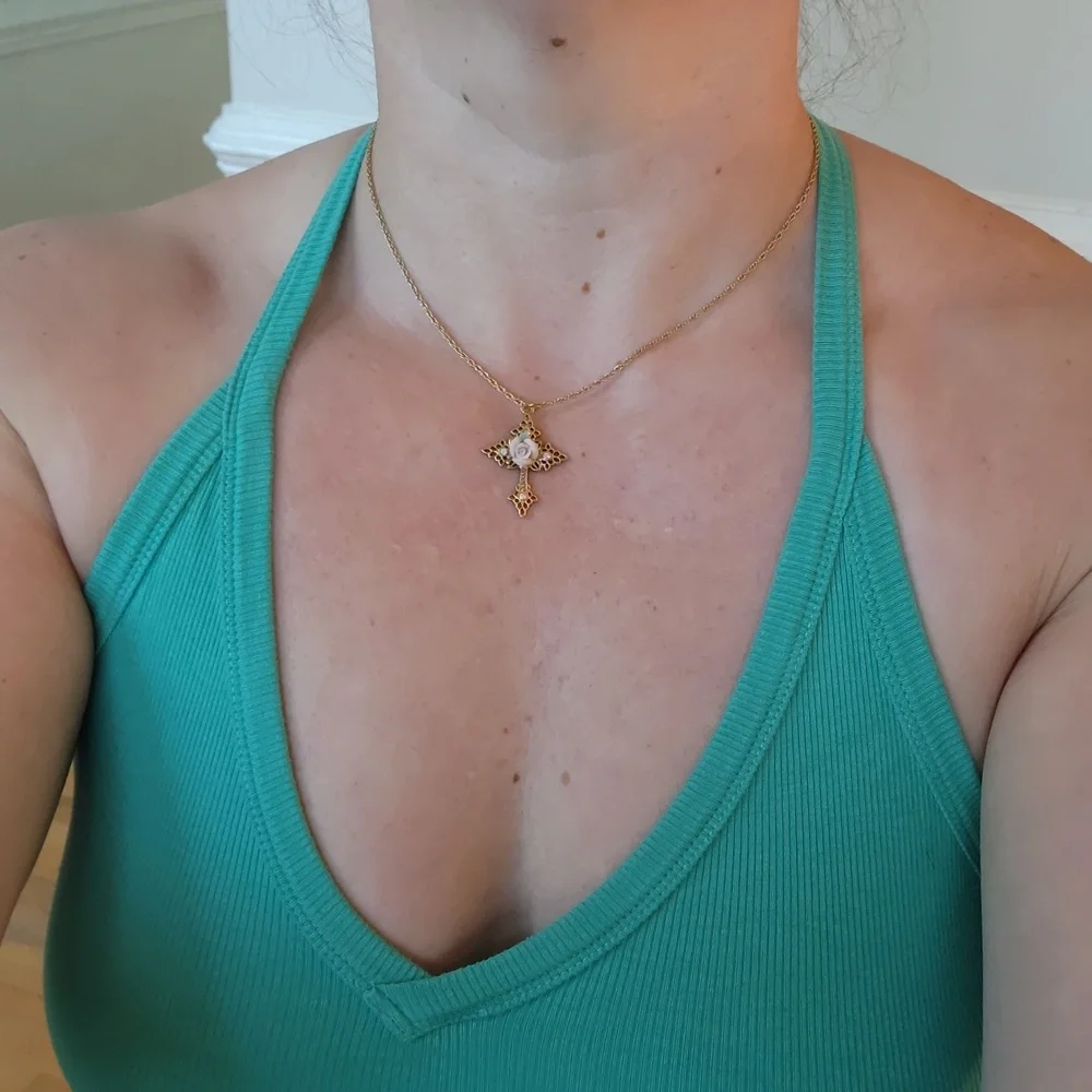 1928 Gold Necklace with Pink Rose Cross Pendant - Picture 10 of 10